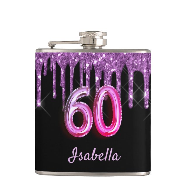 60th birthday black purple glitter monogram hip flask (Front)