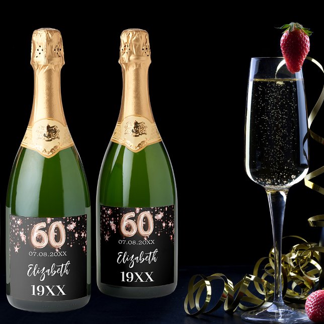 60th Birthday black rose gold stars Sparkling Wine Label (Creator Uploaded)