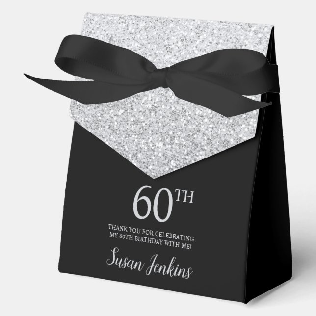 60th Birthday Black Silver Glitter Thank You Favor Box (Front)