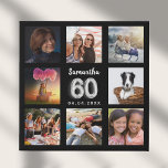 60th birthday black silver photo collage faux canvas print<br><div class="desc">A unique gift for a 60th birthday, celebrating her life with a collage of 8 of your own photos, pictures. Personalize and add her name and a date. A chic black background. The name is written with a modern hand lettered style script, number 60 with a faux silver balloon style...</div>