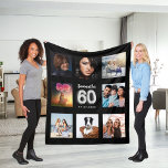 60th birthday black silver photo collage name fleece blanket<br><div class="desc">A unique gift for a 60th birthday, celebrating her life with a collage of 8 of your own photos, pictures. Personalize and add her name and a date. A chic black background. The name is written with a modern hand lettered style script. Number 60 with faux silver balloon style font....</div>