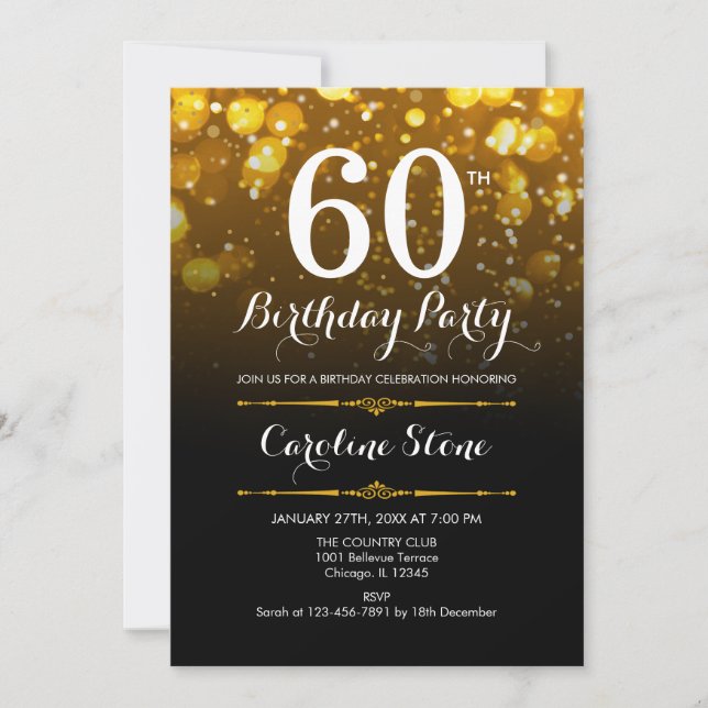 60th Birthday - Black White Gold Invitation (Front)