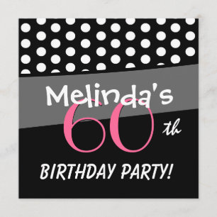 60th Birthday Black White Pink Polka Dots Invitation