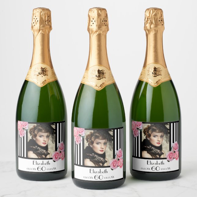 60th birthday black white stripes floral photo sparkling wine label (Bottles)
