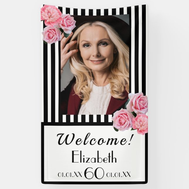 60th birthday black white stripes florals photo banner (Vertical)