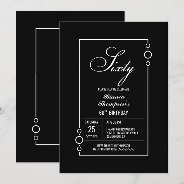 60th Birthday Black with White Frame Party Invitation (Front/Back)