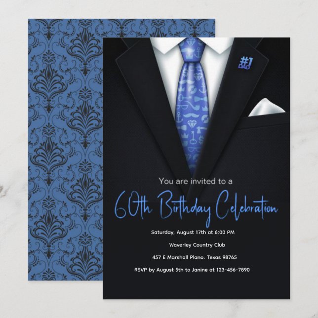 60th Birthday Blue and black Tuxedo invitation (Front/Back)