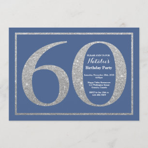 60th Birthday Blue and Silver Glitter Invitation
