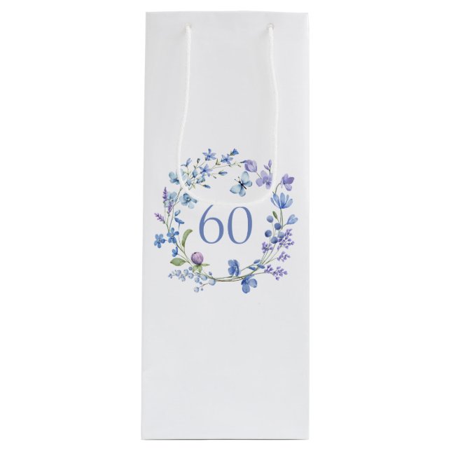 60th Birthday Blue Floral Watercolor  Wine Gift Bag (Front)