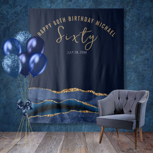 60th Birthday Blue Gold Agate Photo Backdrop Tapestry