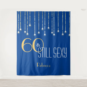 60th Birthday Blue Gold Photo Booth Backdrop Tapestry