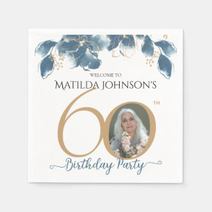 60th Birthday Blue Gold Watercolor Floral Photo Napkin