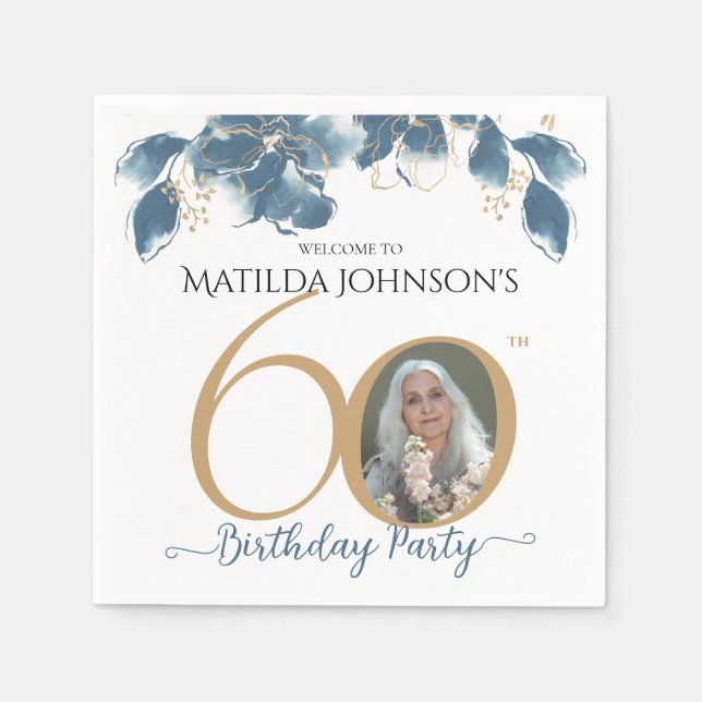 60th Birthday Blue Gold Watercolor Floral Photo Napkin (Front)
