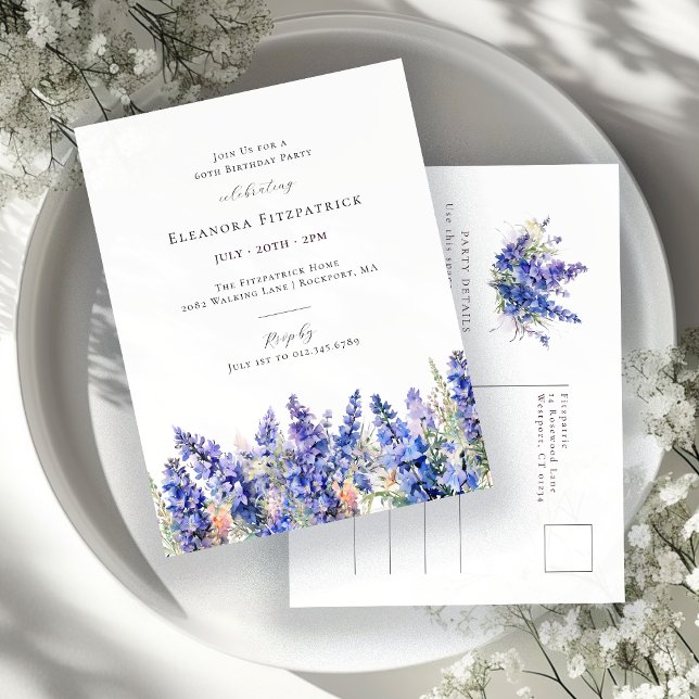 60th Birthday Blue Larkspur July Birth Flower Invitation Postcard (Creator Uploaded)