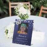 60th Birthday blue silver stars photo welcome Pedestal Sign<br><div class="desc">A welcome sign for a 60th birthday party.  A navy blue background with elegant faux silver stars. The blue colour is uneven.  Personalize and add a photo,  name and text.  White letters. 
Back: no design</div>