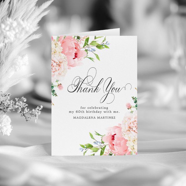 60th Birthday Blush Pink Peony Floral Folded Thank You Card (Creator Uploaded)