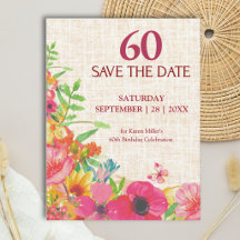 60th Birthday Bold Floral Linen Save The Date