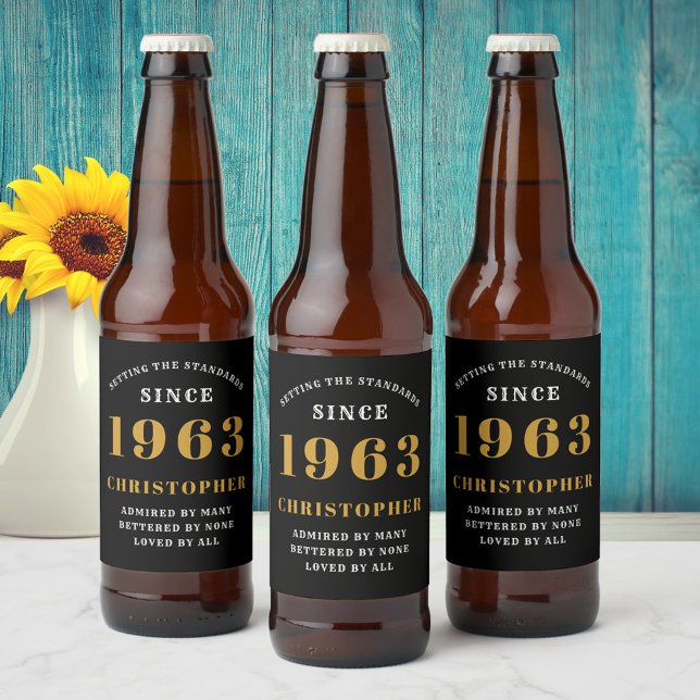 60th Birthday Born 1963 Add Name Black Gold Beer Bottle Label (Creator Uploaded)