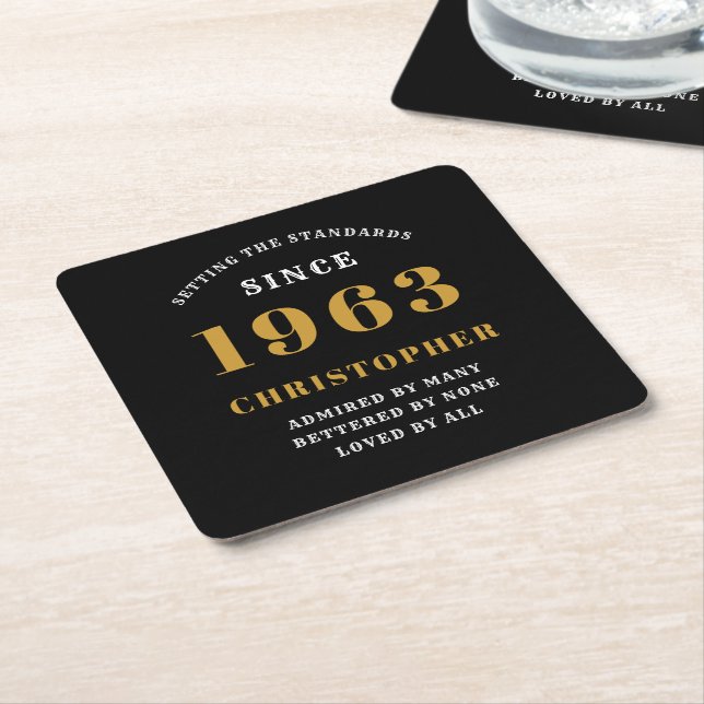 60th Birthday Born 1963 Add Name Black Gold Square Paper Coaster (Angled)