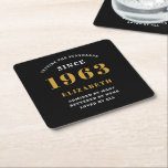 60th Birthday Born 1963 Add Name Black Gold Square Paper Coaster<br><div class="desc">Personalized Birthday add your name and year coaster. Edit the name and year with the template provided. A wonderful custom birthday party accessory. More gifts and party supplies available with the "setting standards" design in the store.</div>