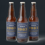 60th Birthday Born 1963 Add Name Blue Gold Beer Bottle Label<br><div class="desc">Personalized Birthday add your name and year beer label. Edit the name and year with the template provided. A wonderful custom blue birthday party accessory. More gifts and party supplies available with the "setting standards" design in the store.</div>