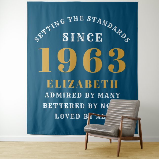 60th Birthday Born 1963 Add Name Blue Gold Large Tapestry (In Situ)