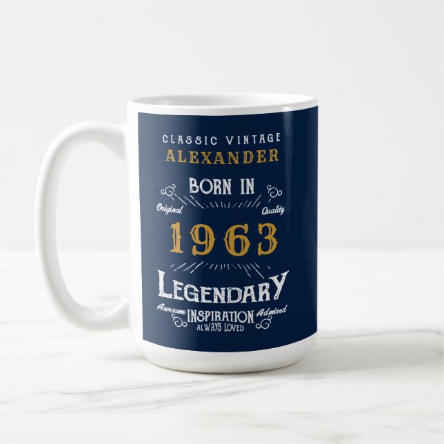 60th Birthday Born 1963 Add Name Blue Gold Legend Coffee Mug (Left)