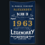 60th Birthday Born 1963 Add Name Legend Blue Gold Banner<br><div class="desc">Personalized birthday banner. Add the name to this vintage style retro print birthday banner. Edit the name and year with the template provided. A wonderful custom blue birthday wall hanging with white and gold vintage style typography.  More gifts and party supplies available with the "Legendary" design in the store.</div>