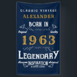 60th Birthday Born 1963 Add Name Legend Blue Gold Banner<br><div class="desc">Personalized birthday banner. Add the name to this vintage style retro print birthday banner. Edit the name and year with the template provided. A wonderful custom blue birthday wall hanging with white and gold vintage style typography.  More gifts and party supplies available with the "Legendary" design in the store.</div>