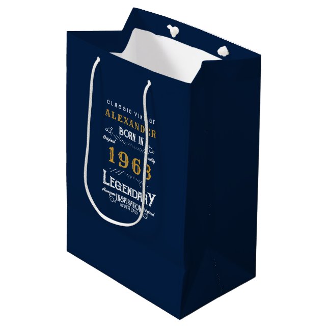 60th Birthday Born 1963 Add Name Legend Blue Gold Medium Gift Bag (Front Angled)