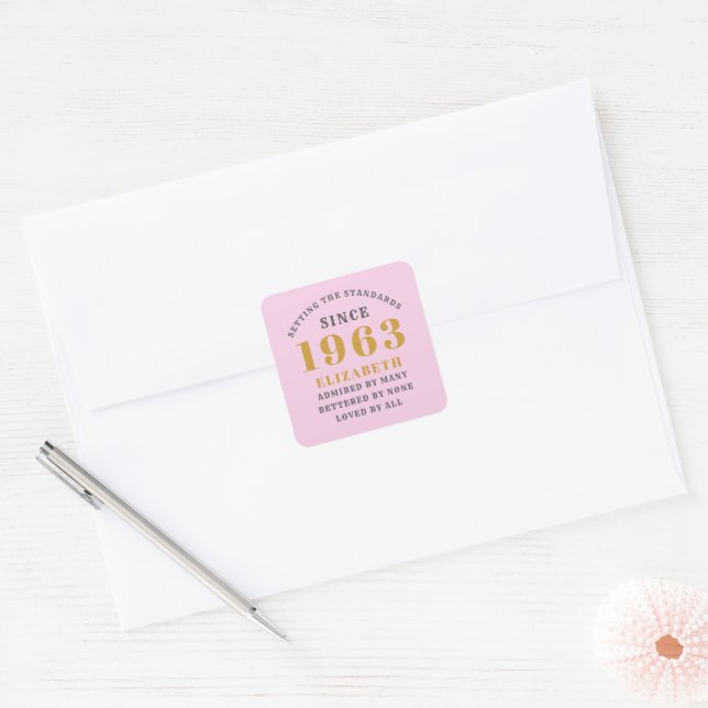 60th Birthday Born 1963 Add Name Pink Gray Square Sticker (Envelope)