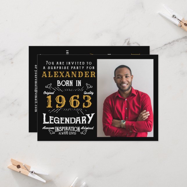 60th Birthday Born 1963 Black Gold Retro Photo Invitation (Front/Back In Situ)
