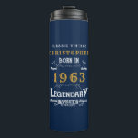 60th Birthday Born 1963 Legend Blue Gold Add Name Thermal Tumbler<br><div class="desc">Birthday "Original Quality Legendary Inspiration" thermal tumbler. Add the name and year as desired in the template fields creating a unique birthday celebration item. Team this up with the matching gifts,  party accessories,  and clothing available in our store www.zazzle.com/store/thecelebrationstore</div>