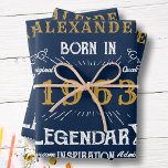 60th Birthday Born 1963 Vintage Blue Gold Legend Wrapping Paper Sheet<br><div class="desc">A personalized classic wrapping paper for that special birthday. Add the name to this vintage retro style blue, white and gold design for a custom birthday gift. Easily edit the name and year with the template provided. A wonderful custom blue birthday gift. More gifts and party supplies for that party...</div>