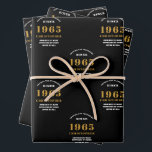 60th Birthday born 1965 Add Name Black Gold Wrapping Paper Sheet<br><div class="desc">A personalized wrapping paper design for that birthday celebration for a special person. Add the name to this vintage retro style black and gold design for a custom birthday gift. Easily edit the name and year with the template provided. A wonderful custom birthday gift. More gifts and party supplies for...</div>