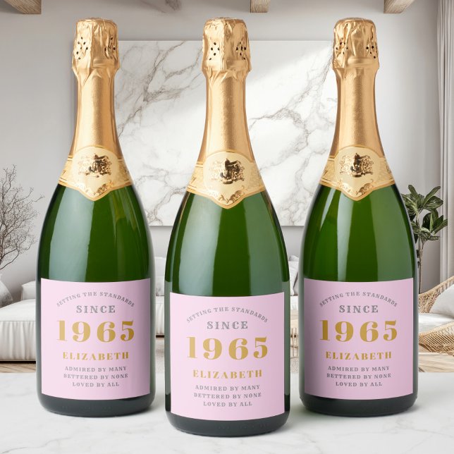 60th Birthday Born 1965 Add Name Pink Grey Sparkling Wine Label (Custom pink 60th birthday sparkling wine labels on 3 bottles.)
