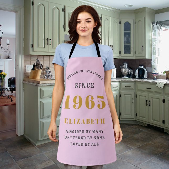 60th Birthday Born 1965 Pink Grey Lady's Apron (Personalized 60th birthday pink long apron)