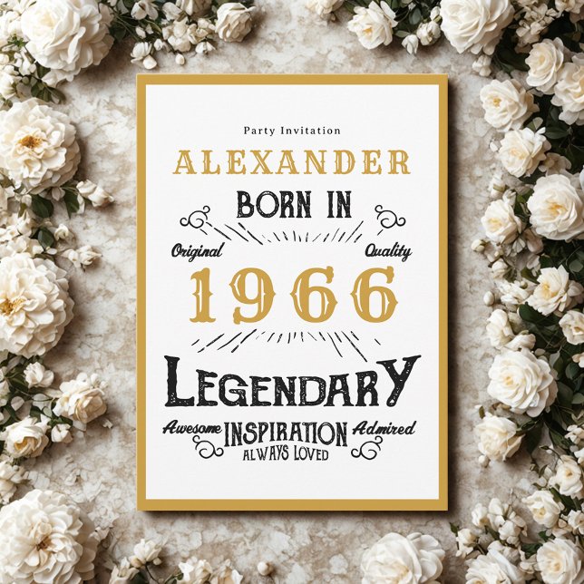60th Birthday Born 1966 White Gold Legend Invitation (Born 1966 birthday invitation.)