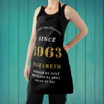 60th Birthday Born 1973 Black Gold Lady's Apron<br><div class="desc">A personalized classic black apron design for that birthday celebration. Add the name to this vintage retro style black, white and gold design for a custom birthday gift. Easily edit the name and year with the template provided. A wonderful custom birthday gift. More gifts and party supplies for that party...</div>