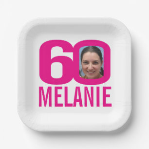 60th birthday bright pink white 60 custom photo paper plate