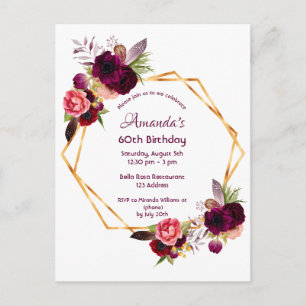 60th birthday burgundy floral gold invitation postcard
