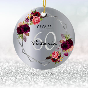 60th birthday burgundy florals geometric silver ceramic ornament