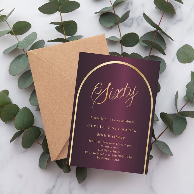 60th birthday burgundy gold arch script elegant invitation (Creator Uploaded)