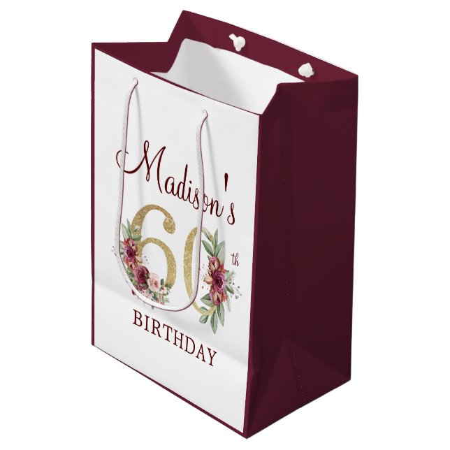 60th Birthday Burgundy Gold Floral personalized Medium Gift Bag (Front Angled)