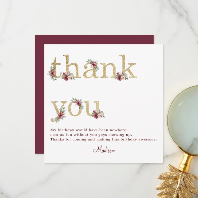 60th Birthday Burgundy Gold Floral Thank You Card (Front/Back In Situ)