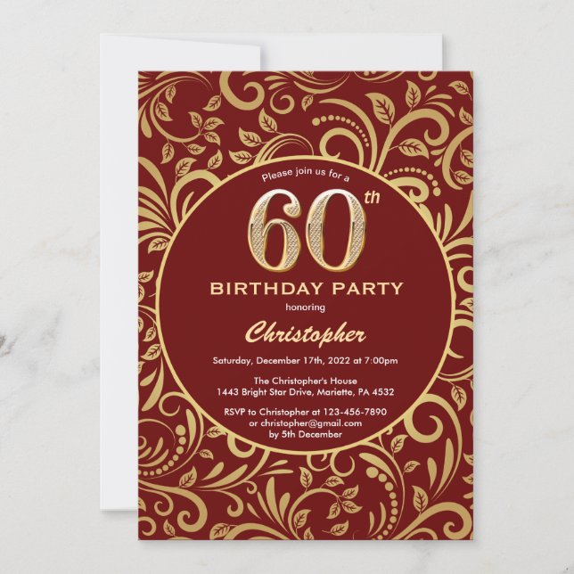 60th Birthday Burgundy Red and Gold Floral Pattern Invitation (Front)