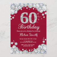 60th Birthday Burgundy Red and Silver Diamond