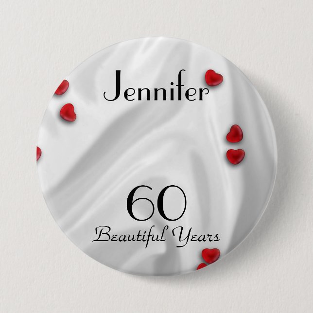 60th Birthday Button / Pin, Small Red Hearts (Front)