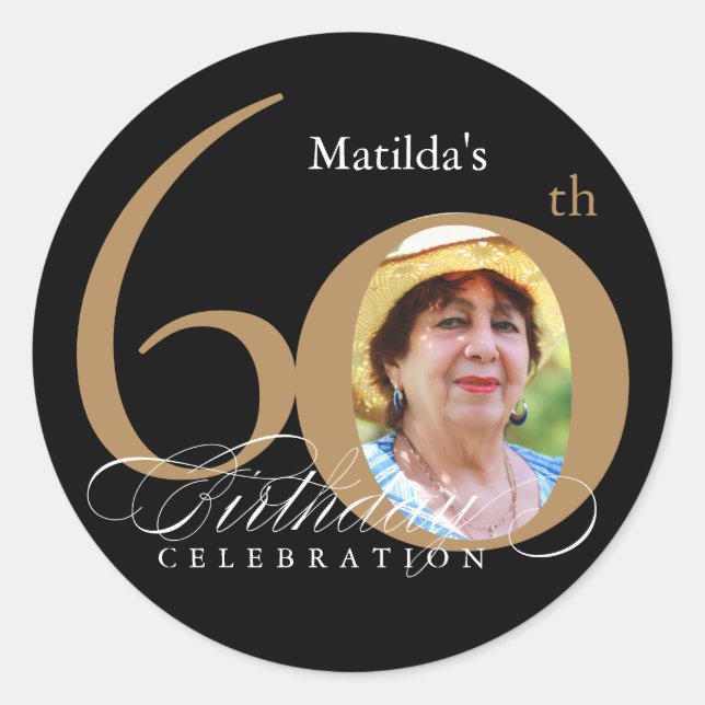 60th Birthday Calligraphy Gold Black Elegant Photo Classic Round Sticker (Front)