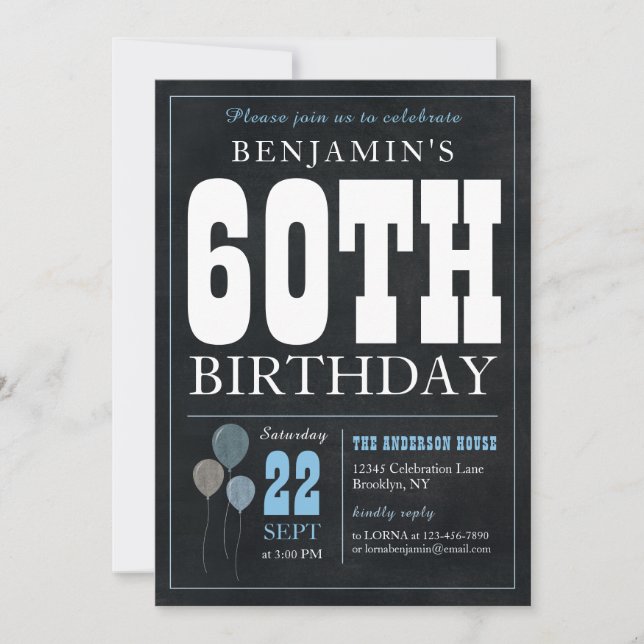 60th Birthday Chalkboard Blue Balloon Rustic Chic Invitation (Front)